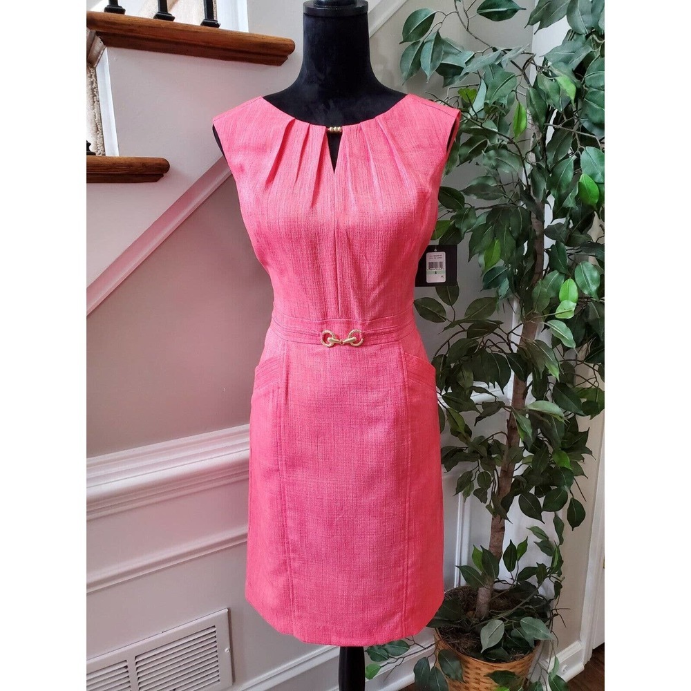 Ellen Tracy Women's Pink Polyester Round Neck Sleeveless Knee Length Dress Small